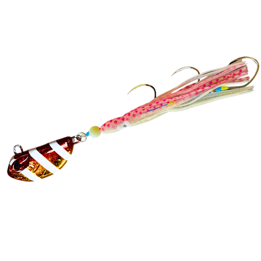 Triple Threat hybrid jig, pink spotted squid skirt with striped weighted jig head