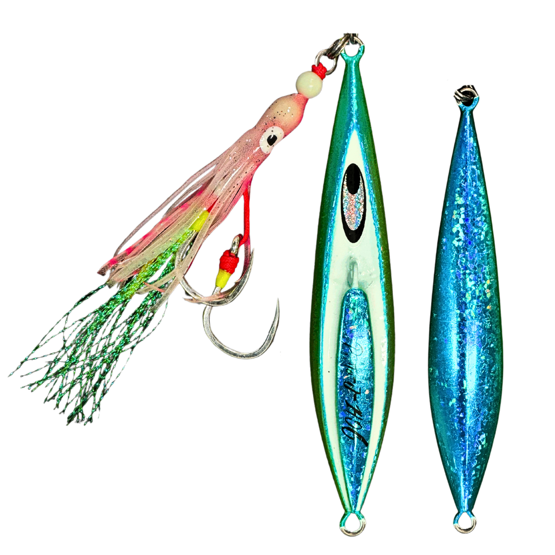 Proto-J slow pitch jig close-up in Blue Shine colour