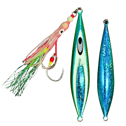 Proto-J slow pitch jig close-up in Blue Shine colour
