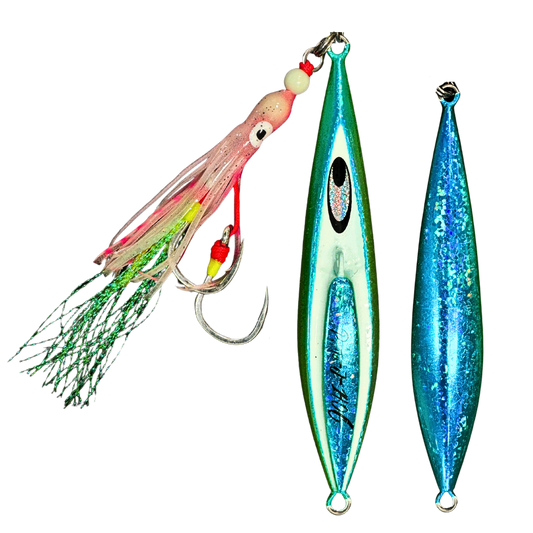 Proto-J slow pitch jig close-up — Blue Shine colour