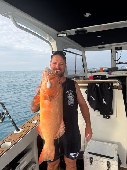 Coral trout caught on a Frothy Okky jig held on the back deck
