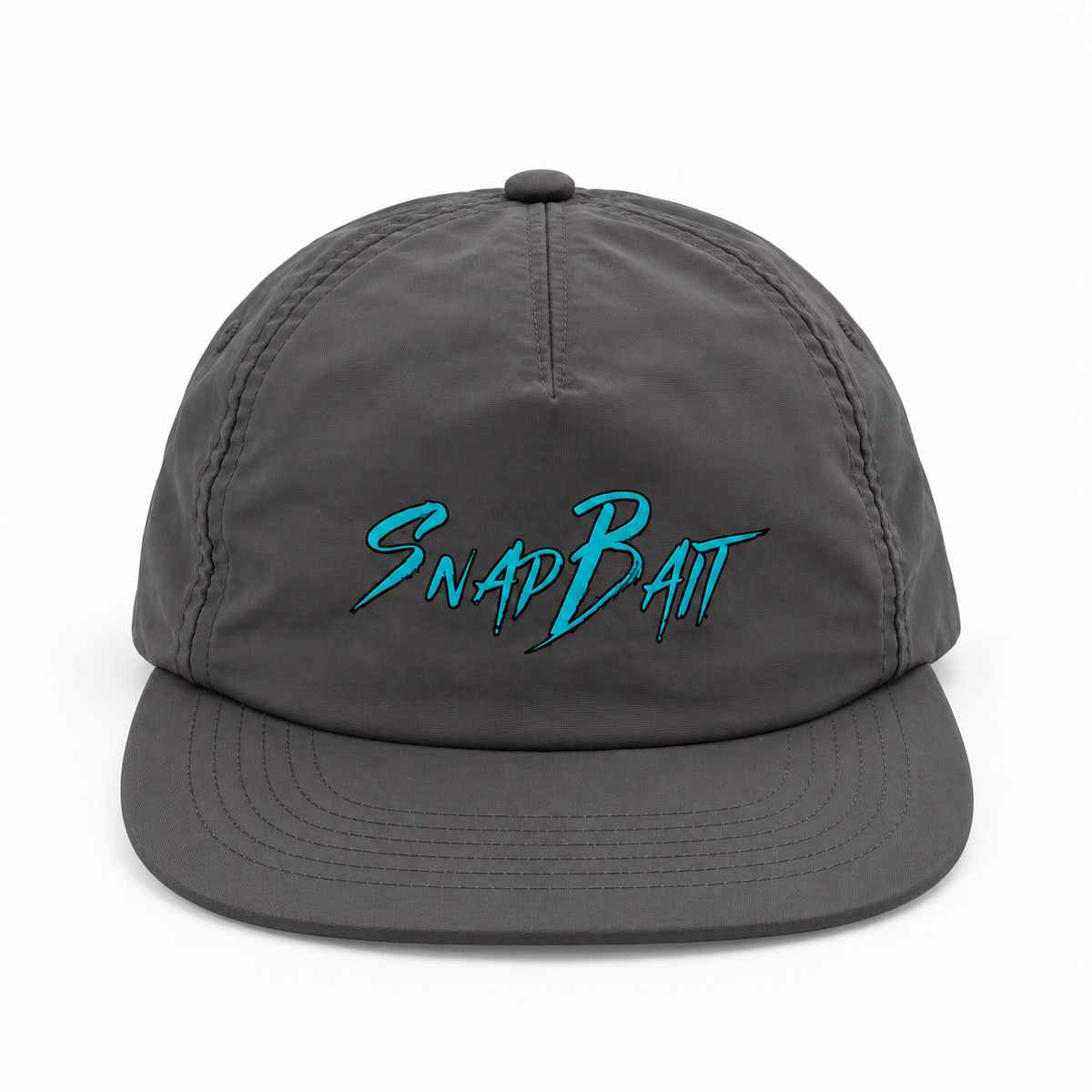 SnapBait Quick Dry Cap in charcoal, front view with teal SnapBait logo