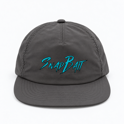 SnapBait Quick Dry Cap in charcoal, front view with teal SnapBait logo