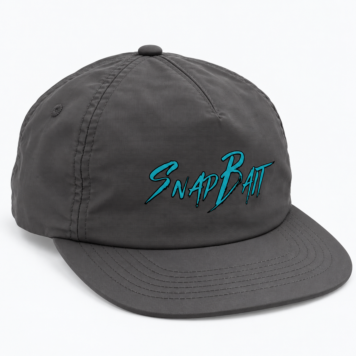 SnapBait Quick Dry Cap in charcoal, three-quarter front view with teal SnapBait logo and flat brim