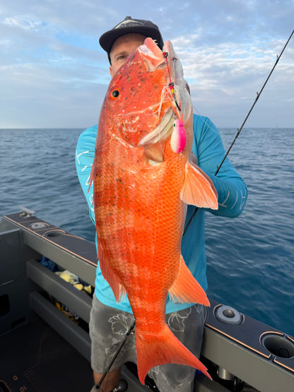 Red reef fish caught offshore on a Frothy Okky jig