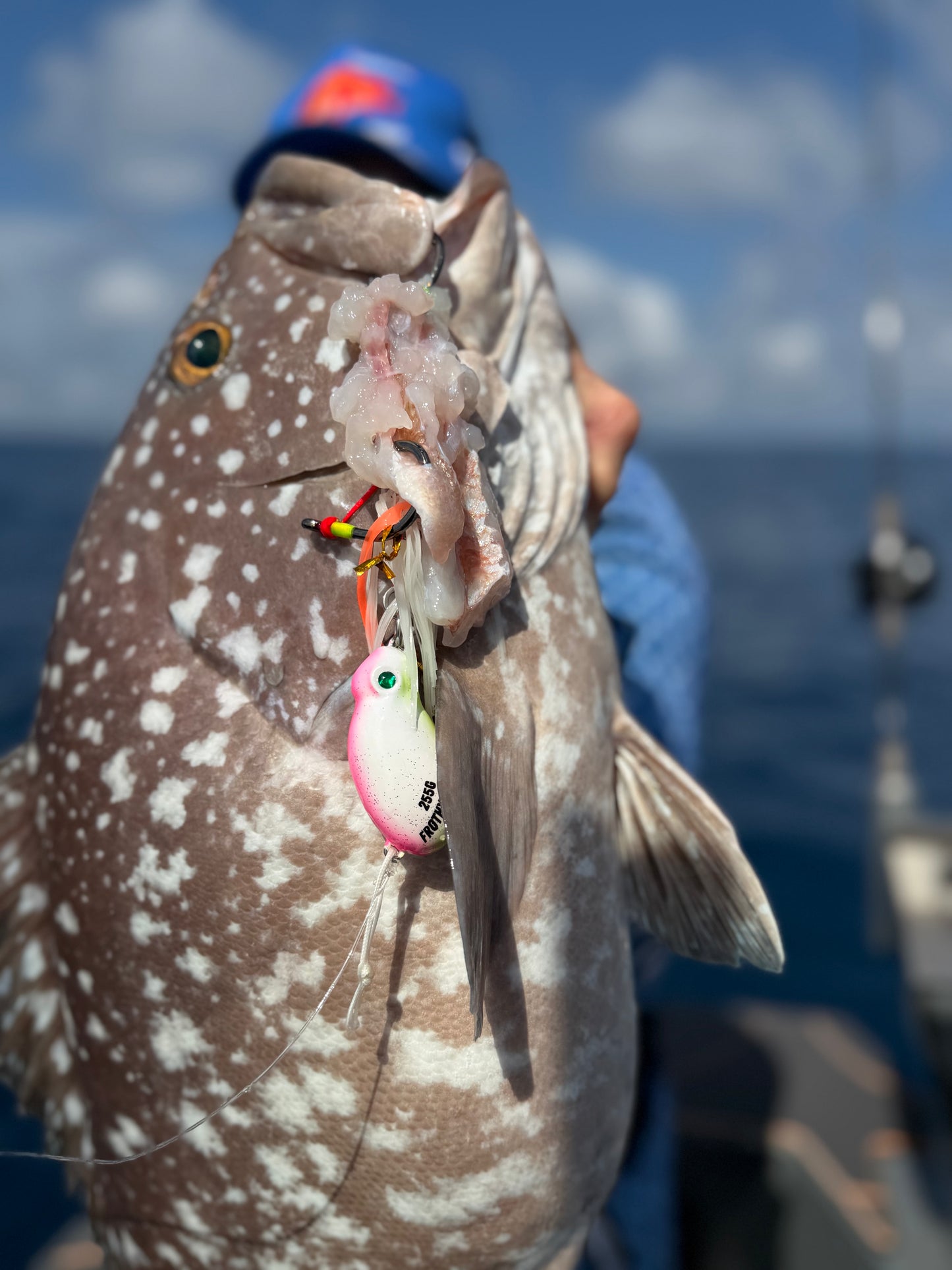 Cod caught offshore on a 255g Frothy Okky jig in pink and glow
