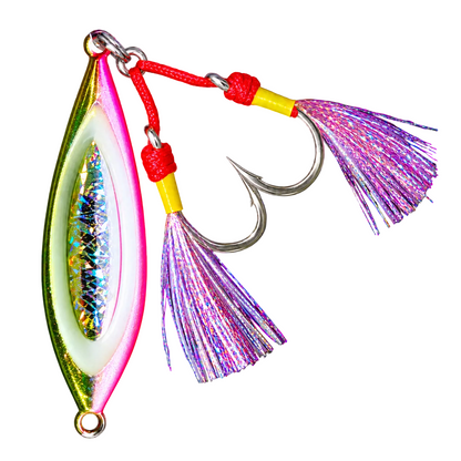 Fat Boy Flutter slow pitch jig in pink and chartreuse, rigged on twin BKK assists