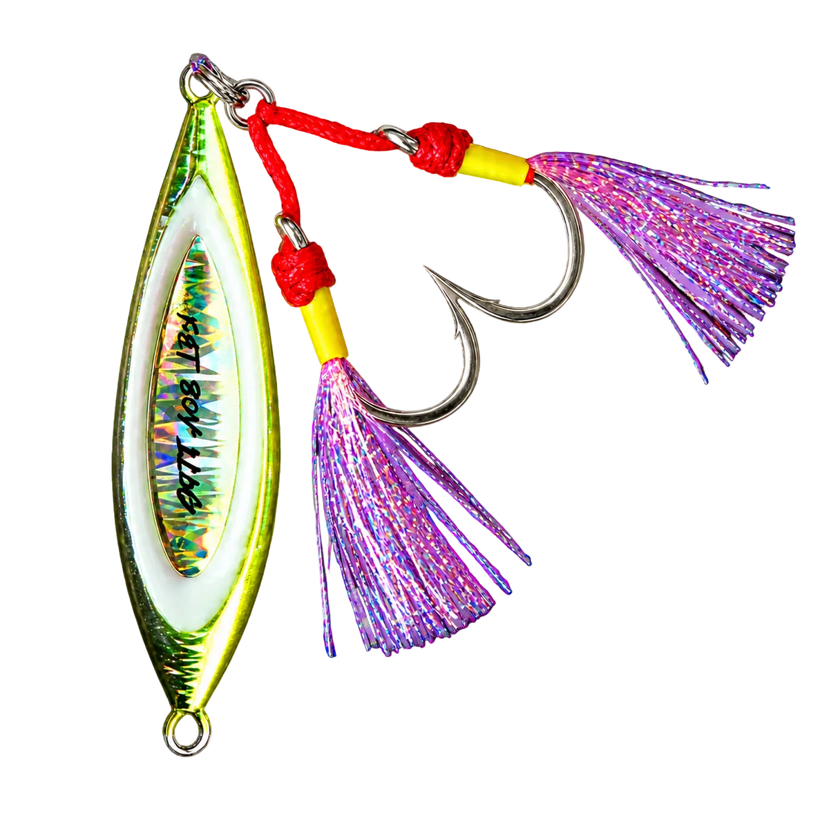 Fat Boy Flutter slow pitch jig in chartreuse and silver, rigged on twin BKK assists