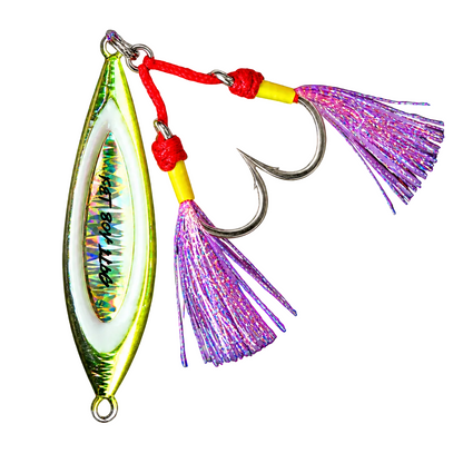Fat Boy Flutter slow pitch jig in chartreuse and silver, rigged on twin BKK assists