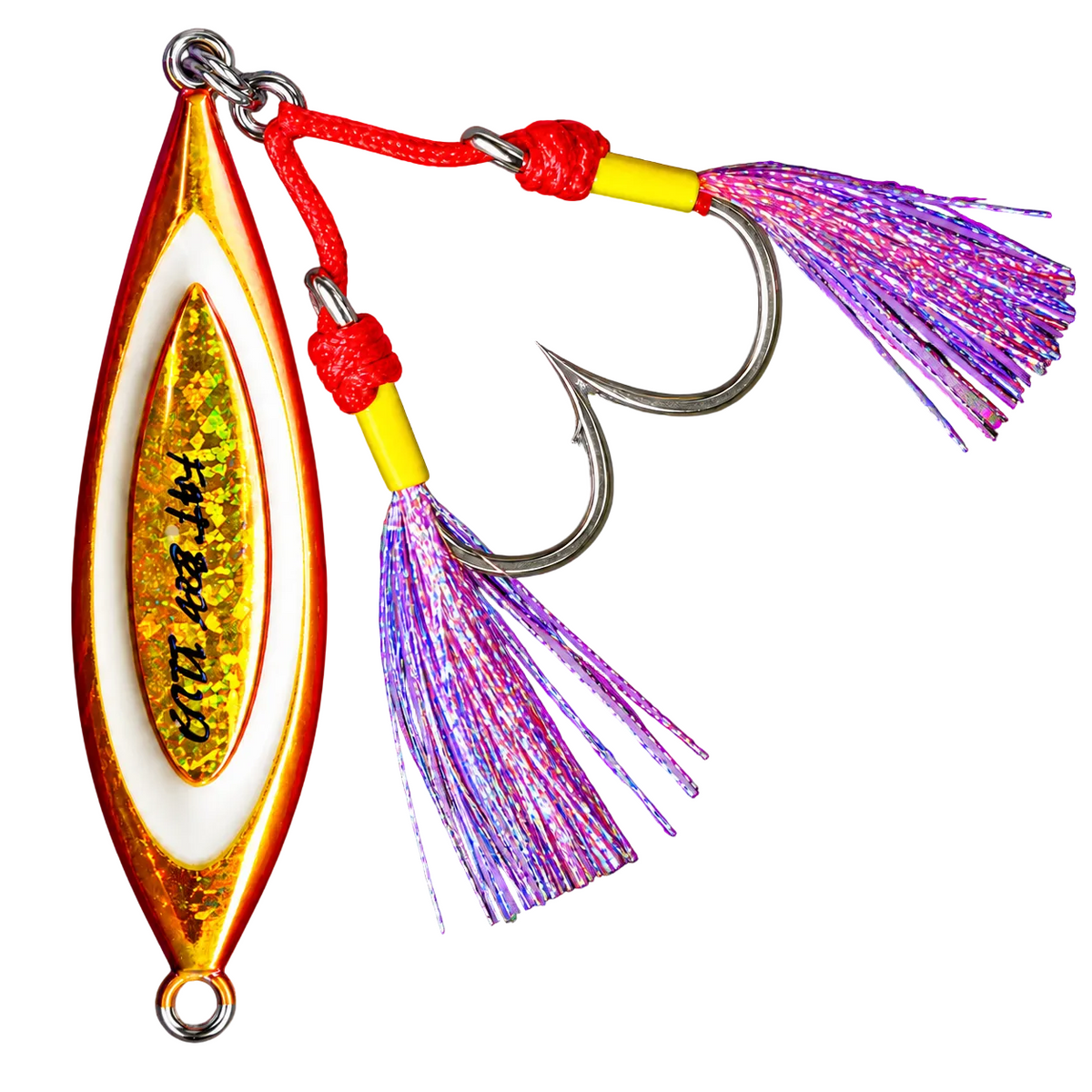Fat Boy Flutter slow pitch jig in Western Red, rigged on twin BKK assists