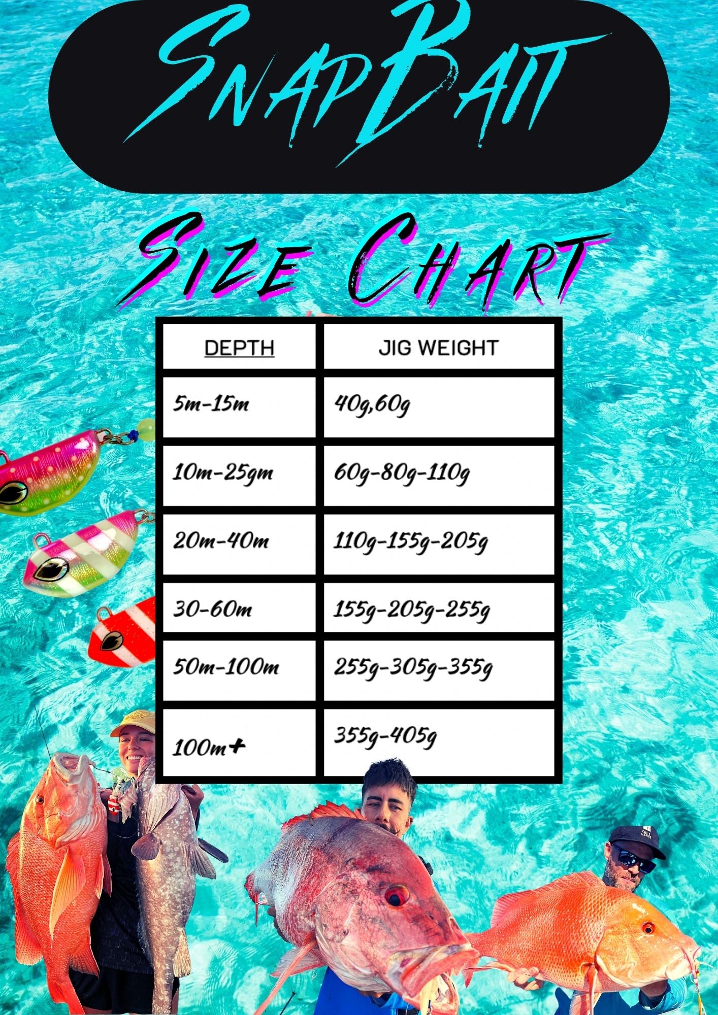 SnapBait Australia size chart for Hybrid Jigs showing depth and jig weight ranges with fishing images