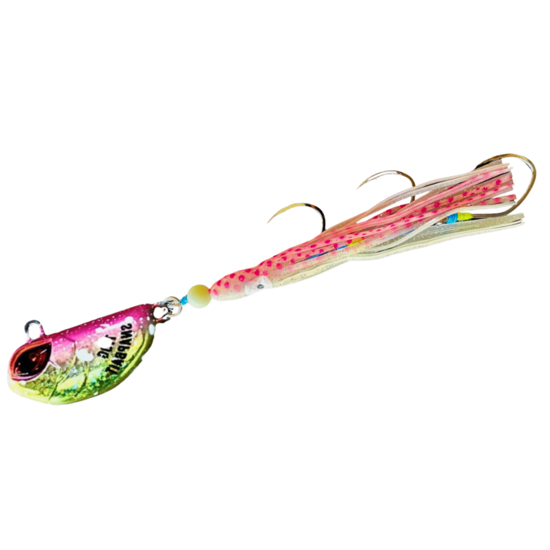 SnapBait Australia Hybrid Jigs fishing lure with pink and green design and multiple hooks