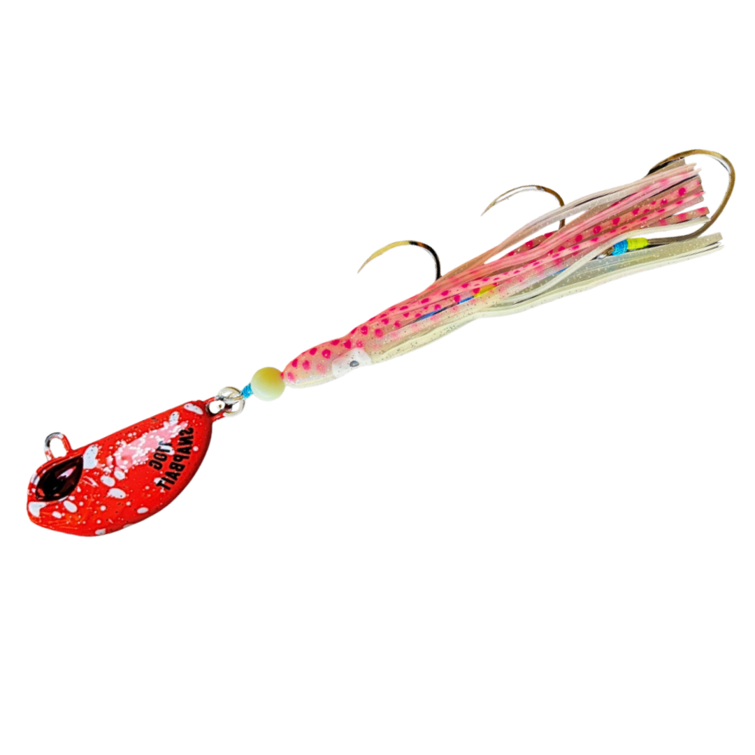 SnapBait Australia Hybrid Jigs fishing lure with red metal blade and soft pink skirt with hooks