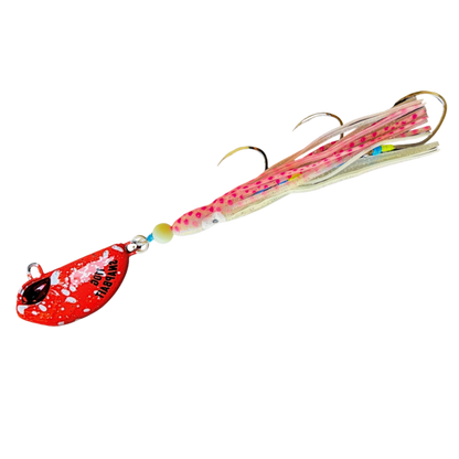SnapBait Australia Hybrid Jigs fishing lure with red metal blade and soft pink skirt with hooks