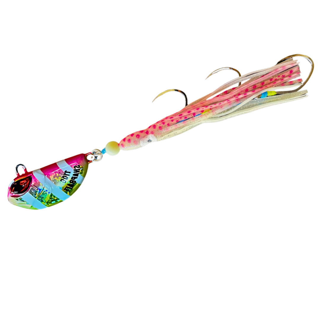 SnapBait Australia Hybrid Jigs fishing lure with pink and translucent skirt and colorful jig head