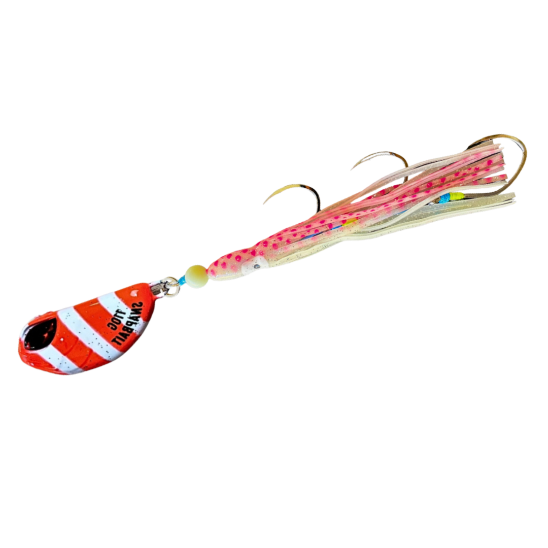 SnapBait Australia Hybrid Jigs fishing lure with red and white striped head and soft pink skirt