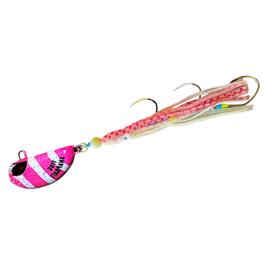 SnapBait Australia Hybrid Jigs pink and white fishing lure with hooks and soft tentacles