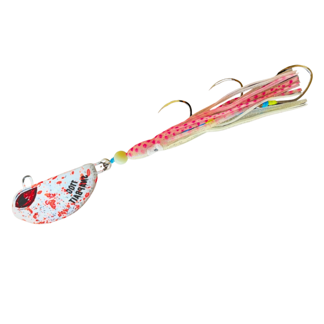 SnapBait Australia Hybrid Jigs fishing lure with pink and white skirt and triple hooks