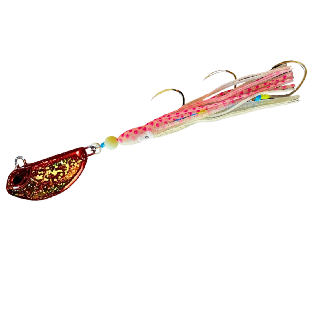 SnapBait Australia Hybrid Jigs fishing lure with red and pink body and gold glitter spinner