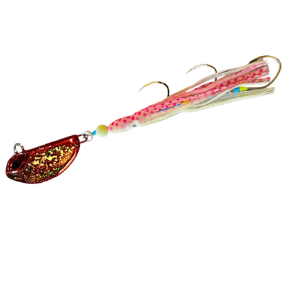 SnapBait Australia Hybrid Jigs fishing lure with red and pink body and gold glitter spinner