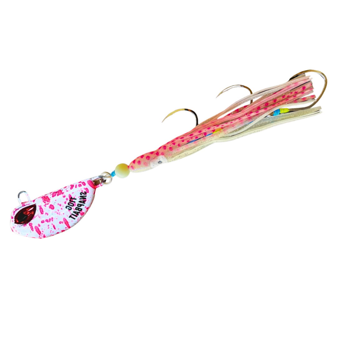 SnapBait Australia pink and white fishing lure with hooks and soft tentacles Hybrid Jigs