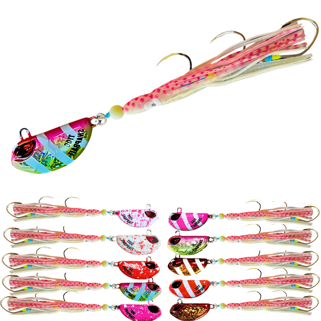 SnapBait Australia Hybrid Jigs fishing lure set with colorful squid skirts and metal jigs for versatile fishing