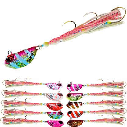 SnapBait Australia Hybrid Jigs fishing lure set with colorful squid skirts and metal jigs for versatile fishing