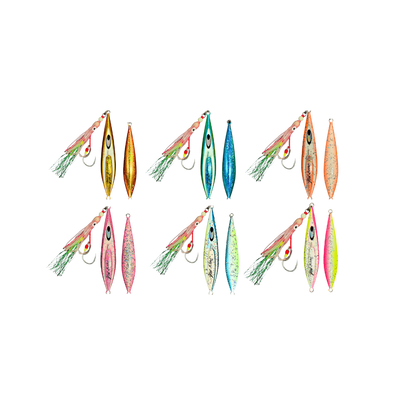 Six Proto-J slow pitch jigs laid out in the 6-pack bundle
