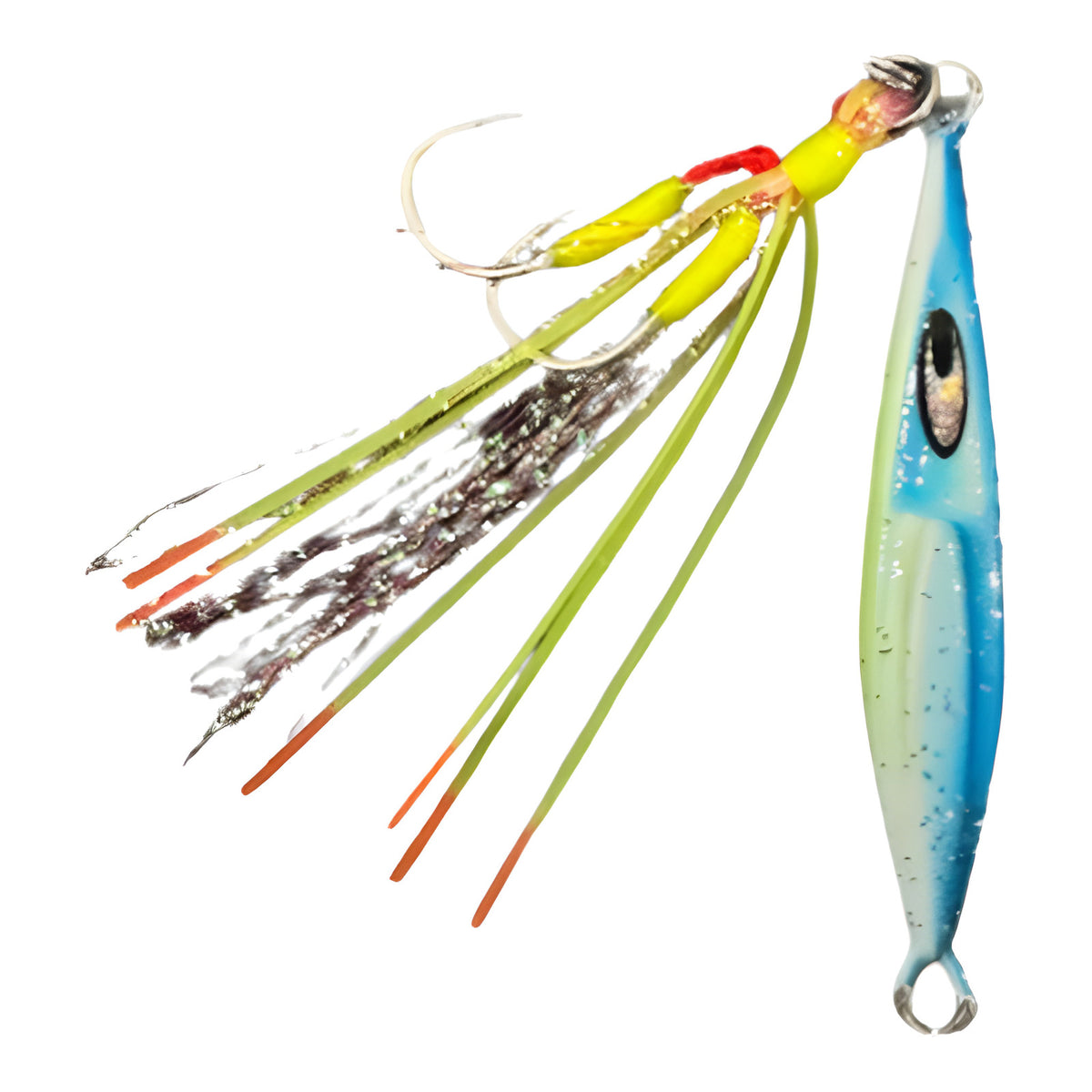 Bantam Micro Jig in Blue Shine, rigged ready with assist hooks and flash