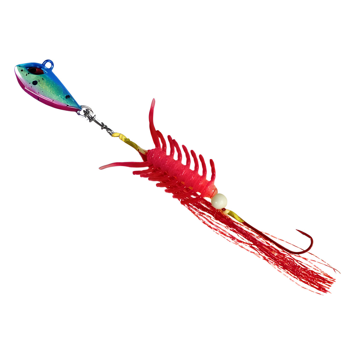 Blood Worm Hybrid Jig in Blue, rigged on BKK assist hooks