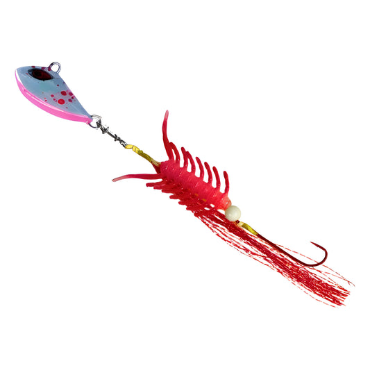 Blood Worm Hybrid Jig in Lumo Pink Splash, rigged on BKK assist hooks