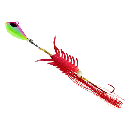 Blood Worm Hybrid Jig in Yellow/Pink, rigged on BKK assist hooks