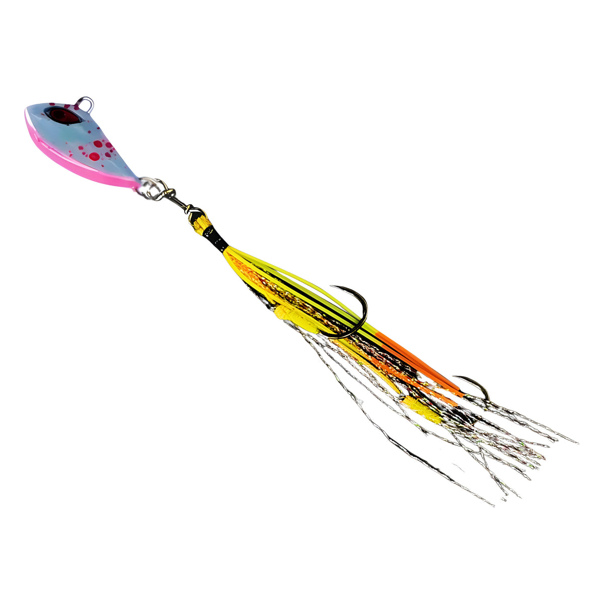 Flash Worm Hybrid Jig in Lumo Pink Splash, rigged on BKK assist hooks