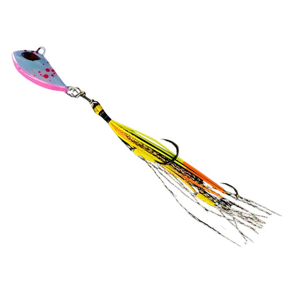 Flash Worm Hybrid Jig in Lumo Pink Splash, rigged on BKK assist hooks
