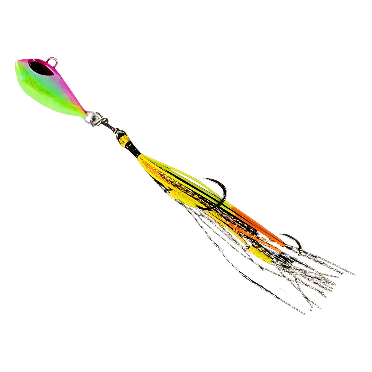 Flash Worm Hybrid Jig in Yellow/Pink, rigged on BKK assist hooks