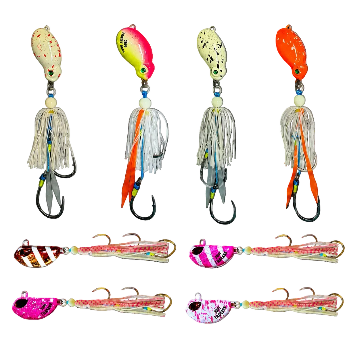 Four Frothy Okky and four Triple Threat hybrid jigs in the 8-pack colour range