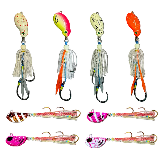 Four Frothy Okky and four Triple Threat hybrid jigs in the 8-pack colour range