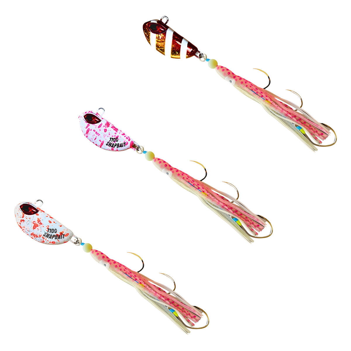 Triple Threat Hybrid Jigs in Toffy Stripe, Lumo Pink Splash and Lumo Orange Splash, rigged on BKK assist hooks