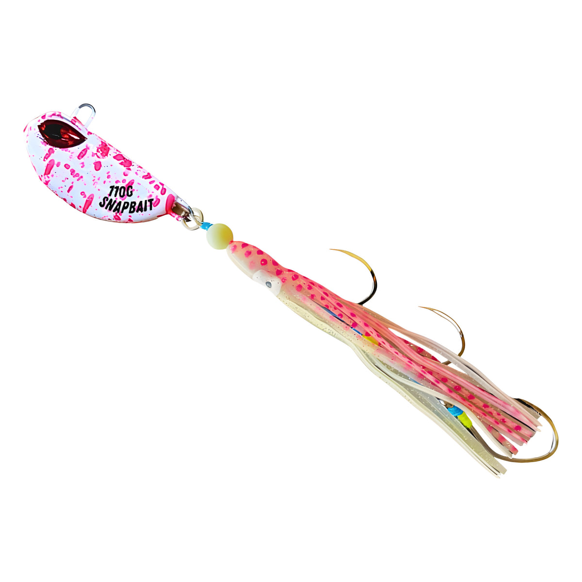 Triple Threat Hybrid Jig in Lumo Pink Splash, rigged on BKK assist hooks