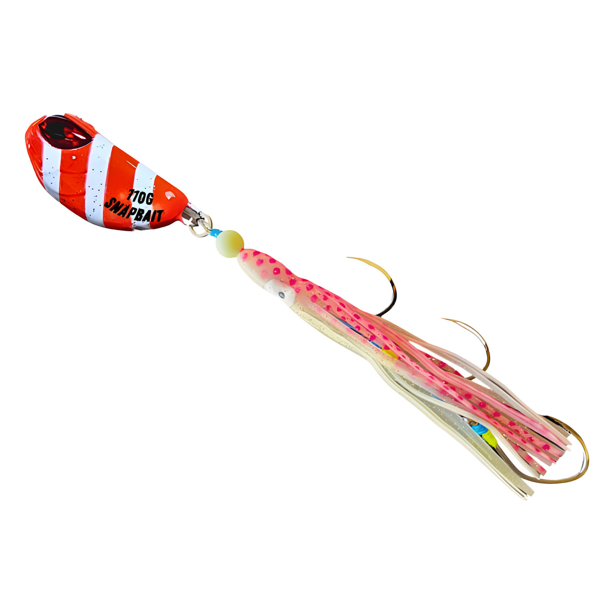 Triple Threat Hybrid Jig in Orange Stripe, rigged on BKK assist hooks
