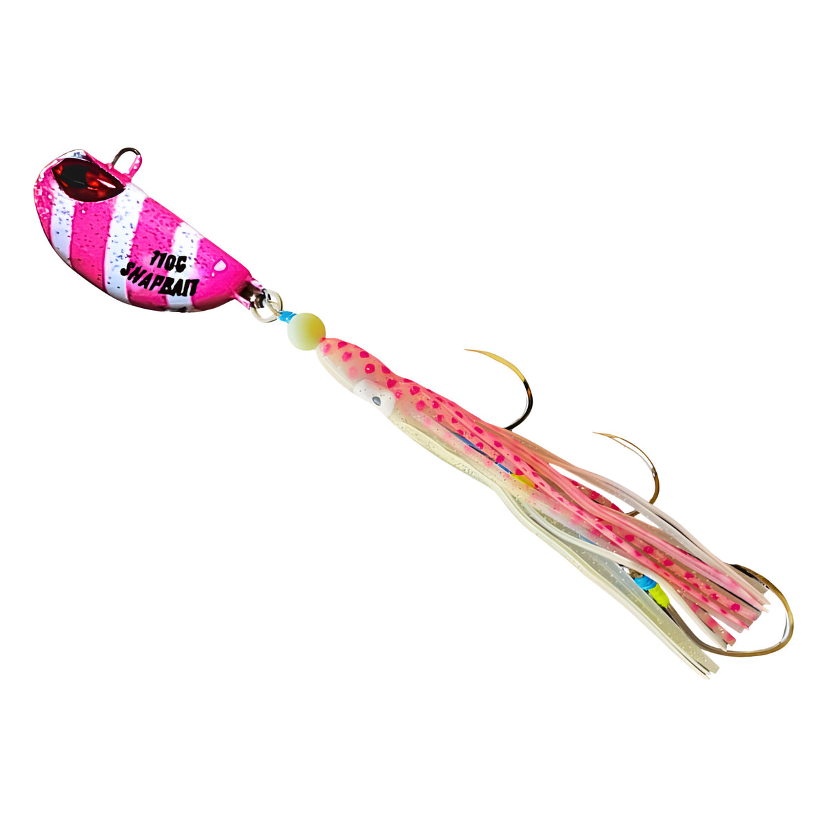Triple Threat Hybrid Jig in Pink Stripe, rigged on BKK assist hooks